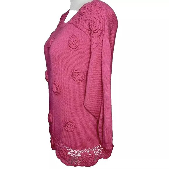 Sweater Bee Banff Sweater Womens Vtg Pink Rosette Shoulder Pad 90s Cottage Large - Picture 3 of 7